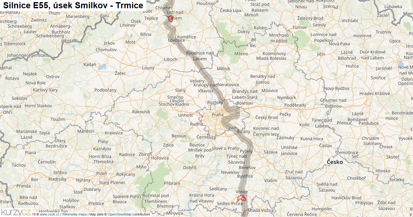 Úsek Smilkov - Trmice, Silnice E55 - Mapa