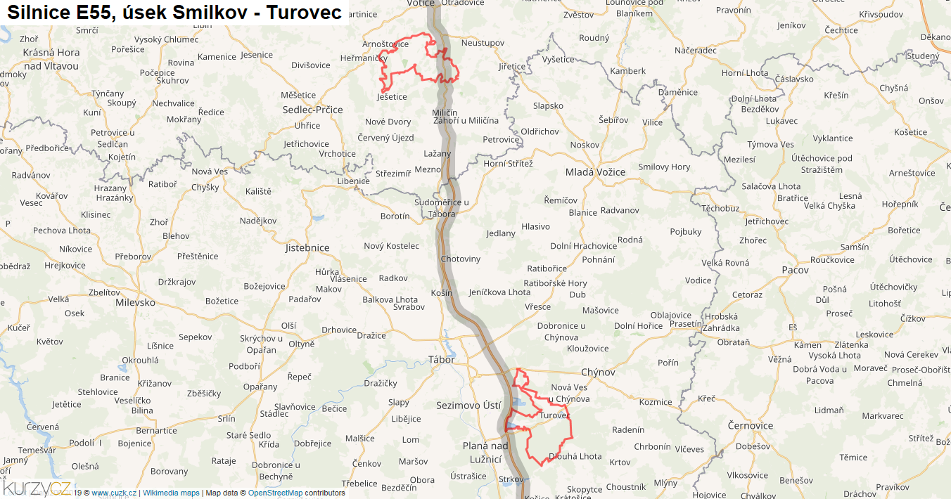 Úsek Smilkov - Turovec, Silnice E55 - Mapa