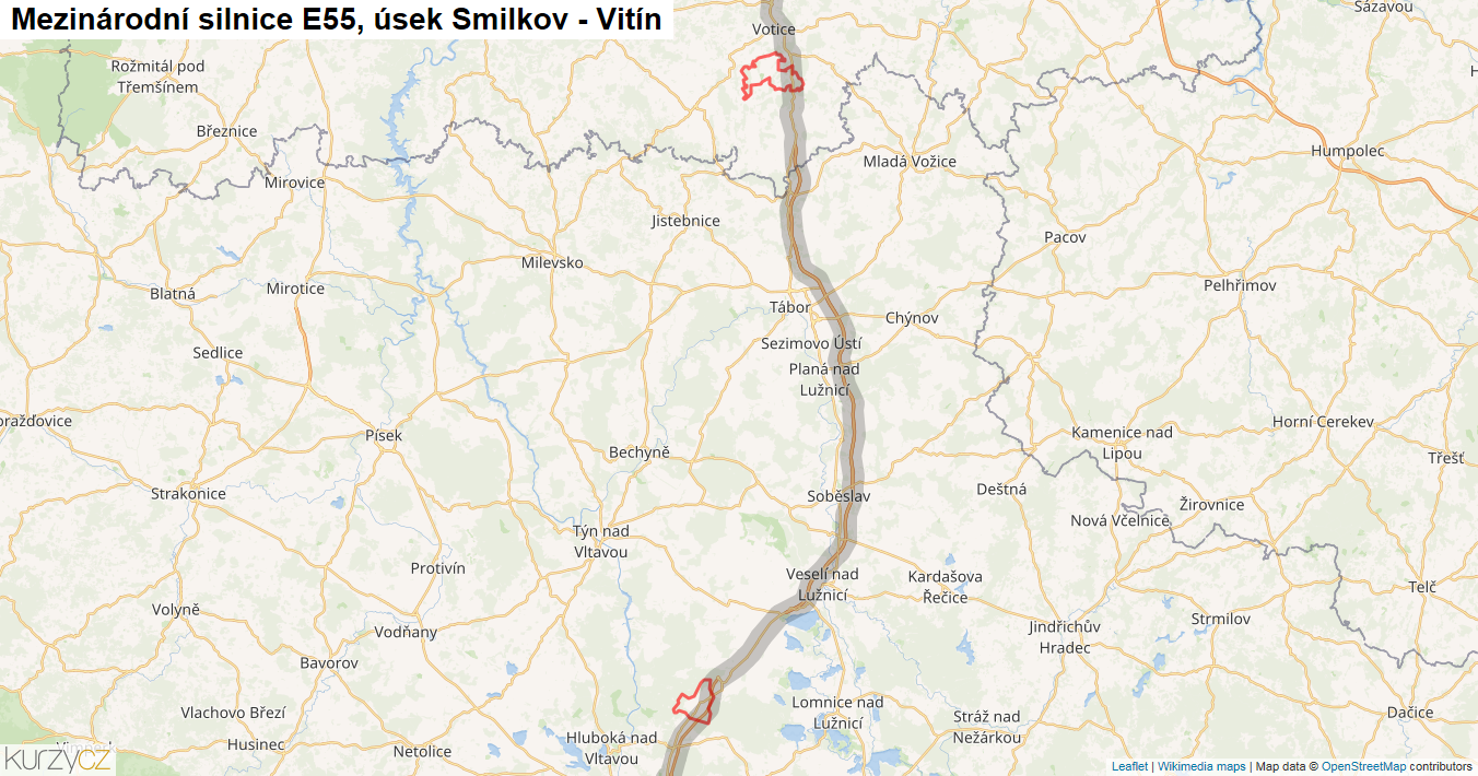 Úsek Smilkov - Vitín, Silnice E55 - Mapa
