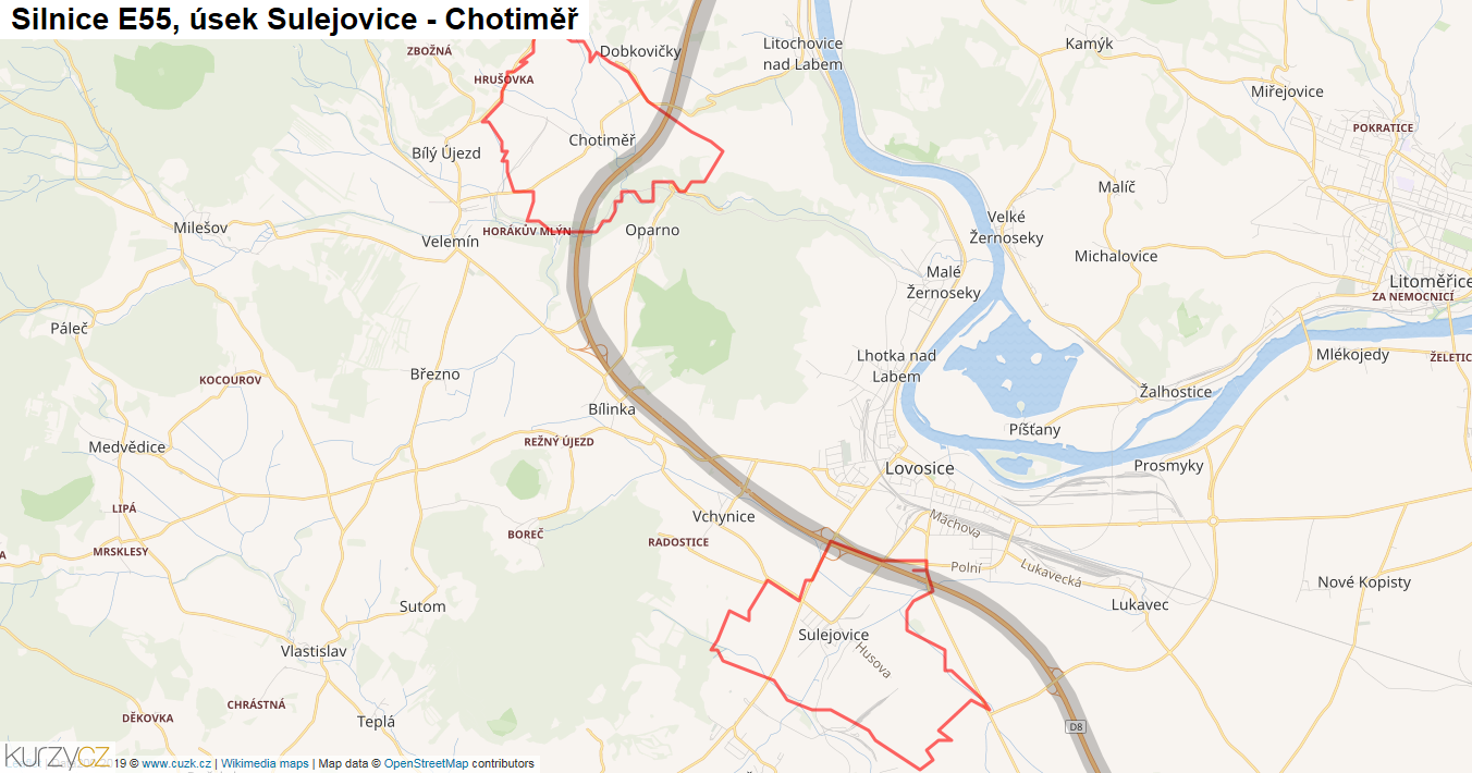 Úsek Sulejovice - Chotiměř, Silnice E55 - Mapa