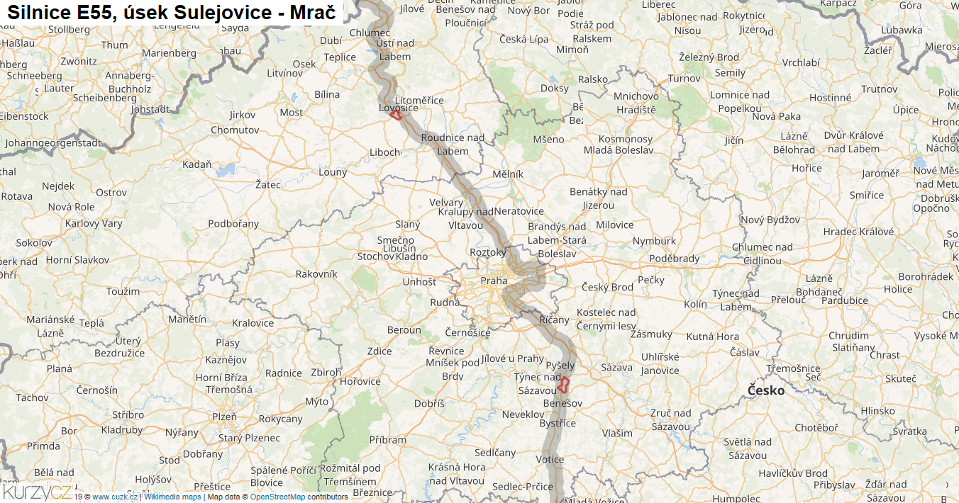 Úsek Sulejovice - Mrač, Silnice E55 - Mapa