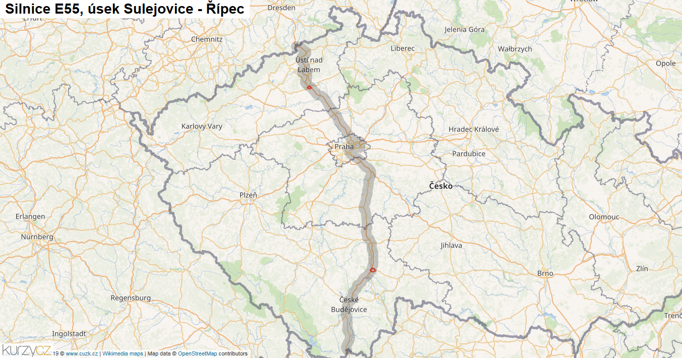 Úsek Sulejovice - Řípec, Silnice E55 - Mapa