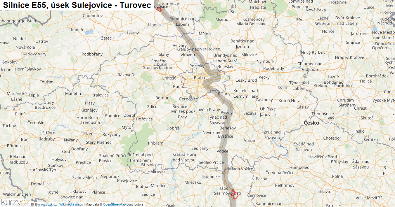Úsek Sulejovice - Turovec, Silnice E55 - Mapa