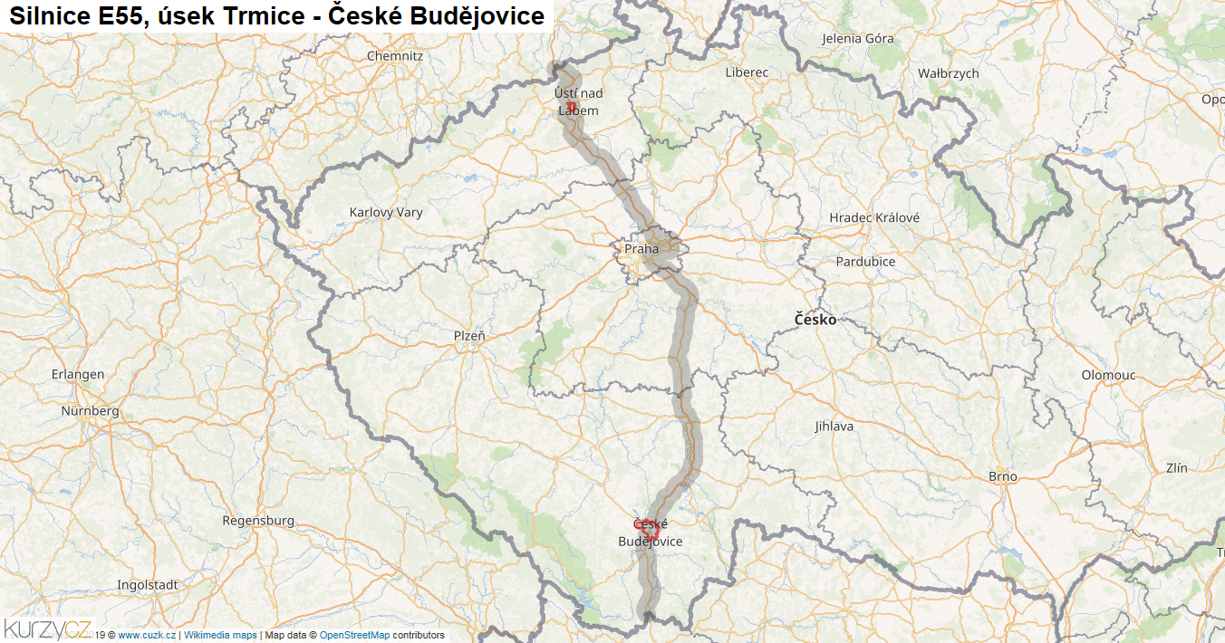 Úsek Trmice - České Budějovice, Silnice E55 - Mapa