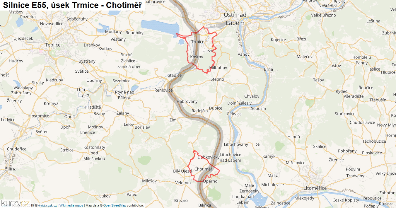 Úsek Trmice - Chotiměř, Silnice E55 - Mapa
