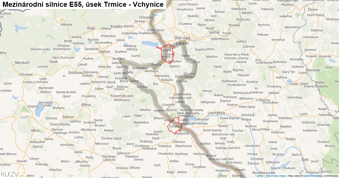 Úsek Trmice - Vchynice, Silnice E55 - Mapa
