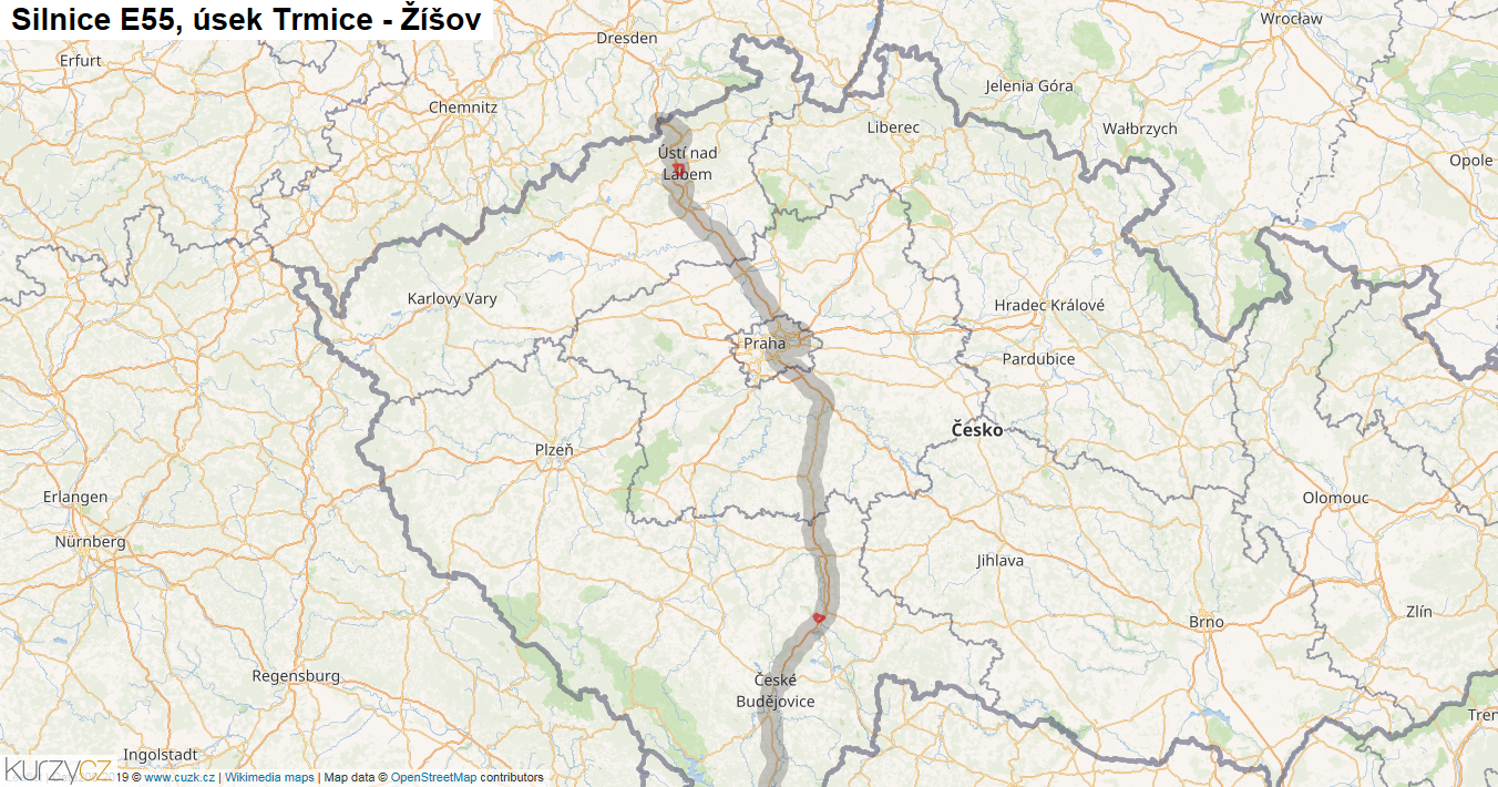 Úsek Trmice - Žíšov, Silnice E55 - Mapa