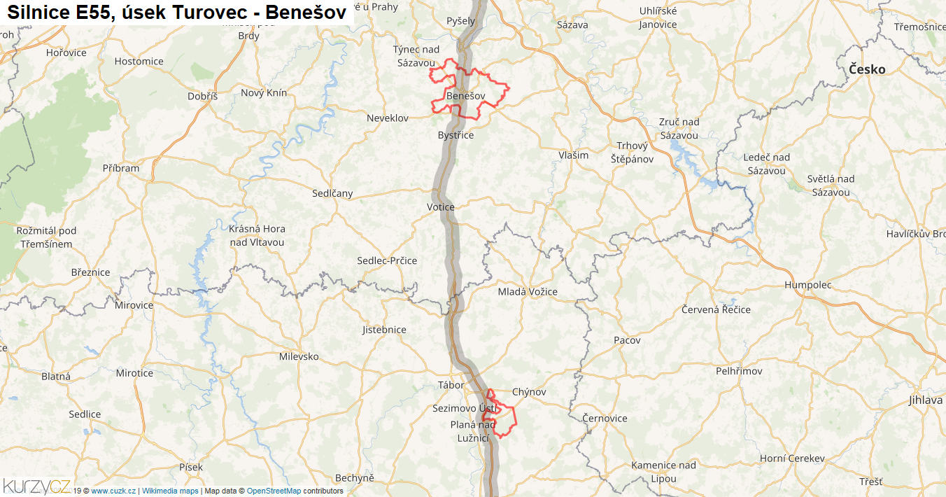 Úsek Turovec - Benešov, Silnice E55 - Mapa