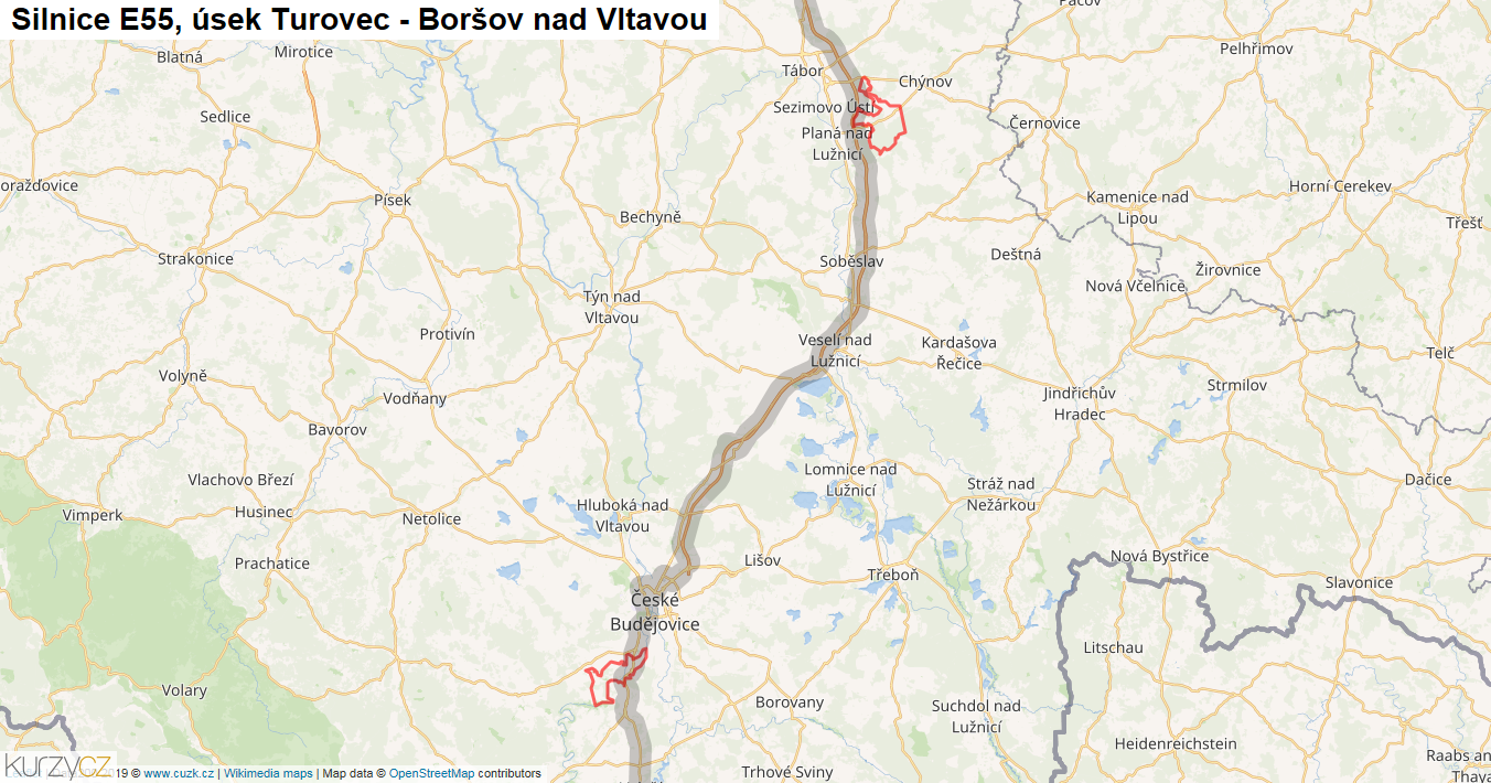 Úsek Turovec - Boršov nad Vltavou, Silnice E55 - Mapa