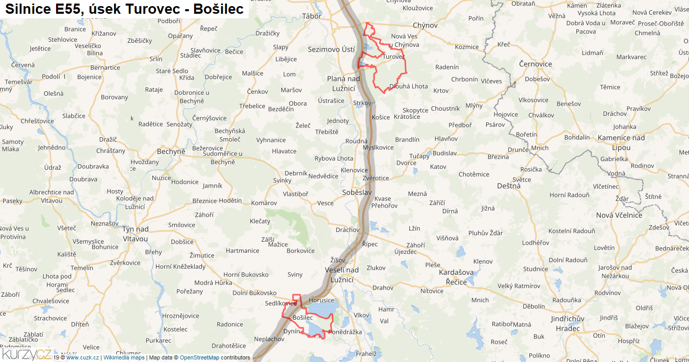 Úsek Turovec - Bošilec, Silnice E55 - Mapa