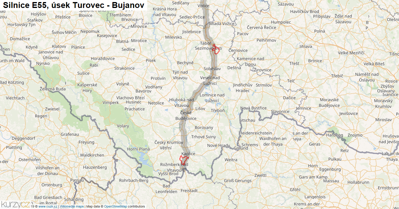 Úsek Turovec - Bujanov, Silnice E55 - Mapa