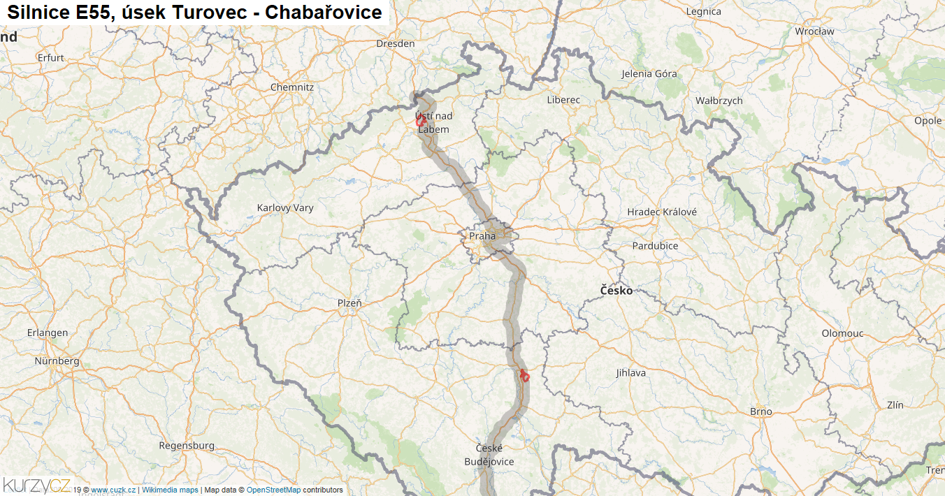 Úsek Turovec - Chabařovice, Silnice E55 - Mapa