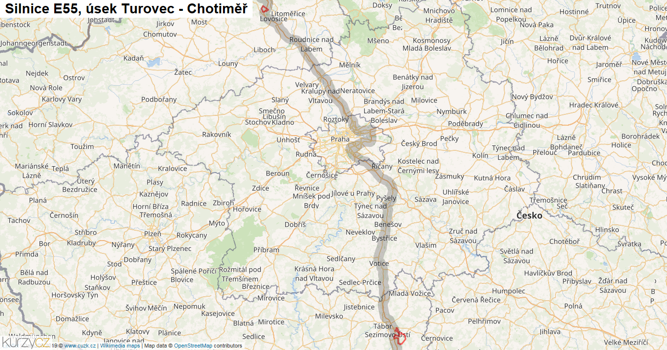 Úsek Turovec - Chotiměř, Silnice E55 - Mapa
