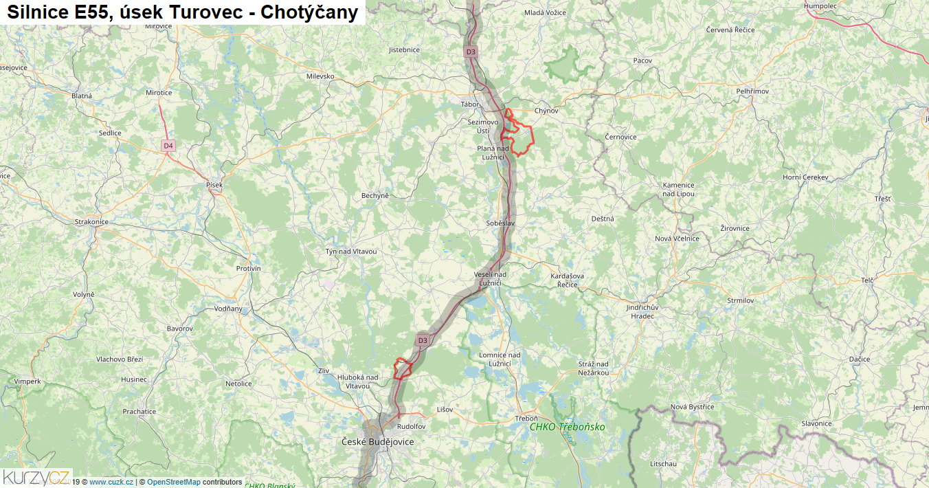 Úsek Turovec - Chotýčany, Silnice E55 - Mapa