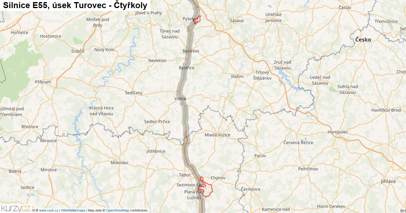 Úsek Turovec - Čtyřkoly, Silnice E55 - Mapa