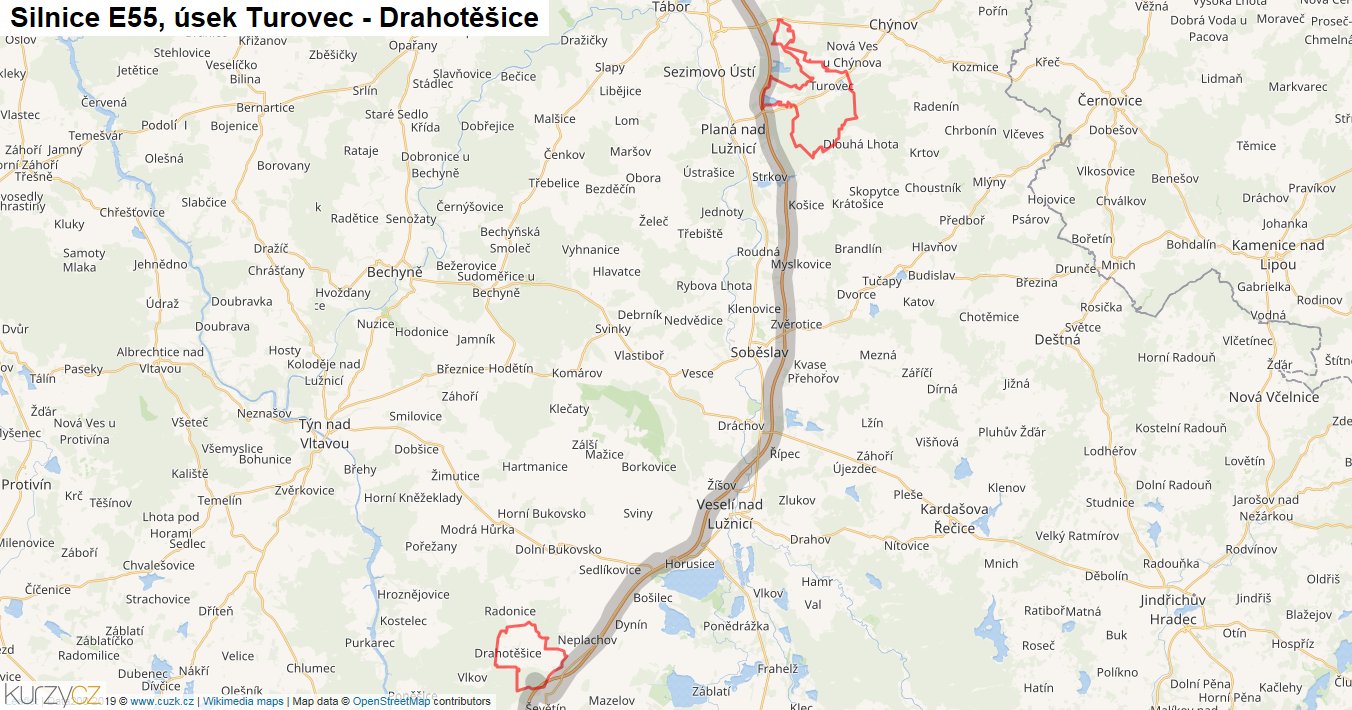Úsek Turovec - Drahotěšice, Silnice E55 - Mapa