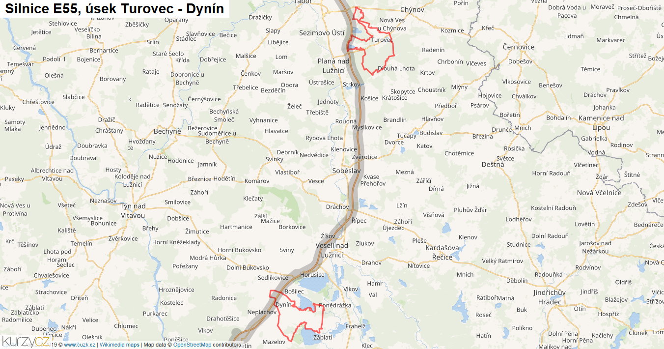 Úsek Turovec - Dynín, Silnice E55 - Mapa