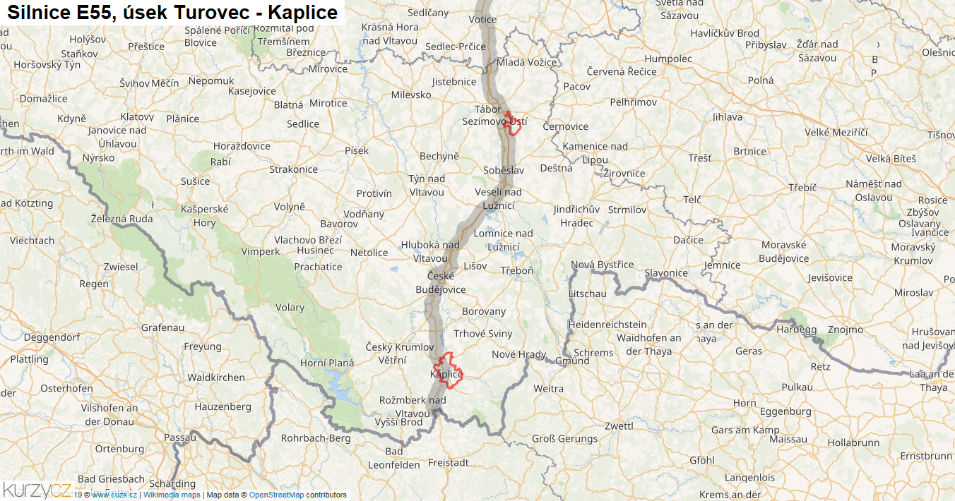 Úsek Turovec - Kaplice, Silnice E55 - Mapa