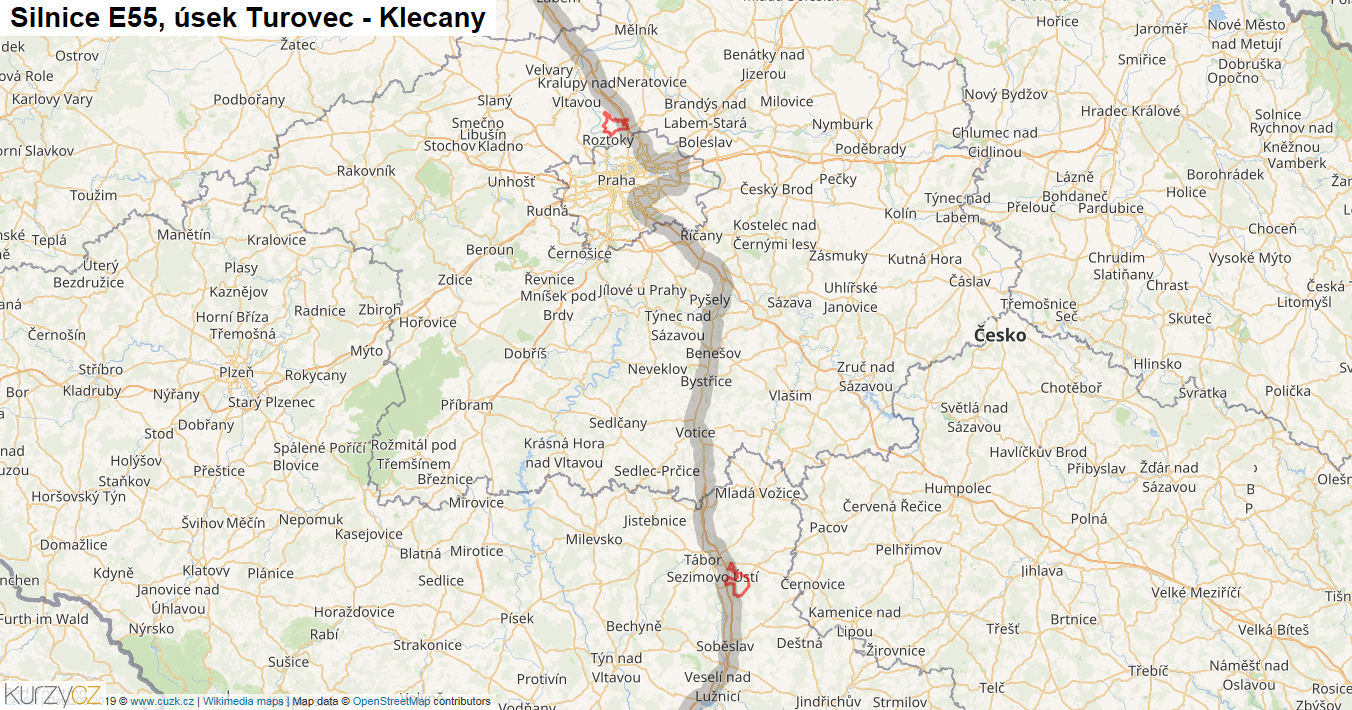 Úsek Turovec - Klecany, Silnice E55 - Mapa
