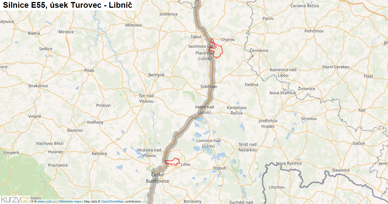 Úsek Turovec - Libníč, Silnice E55 - Mapa