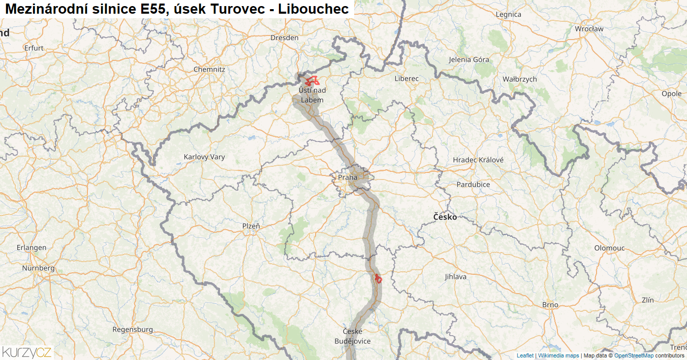 Úsek Turovec - Libouchec, Silnice E55 - Mapa