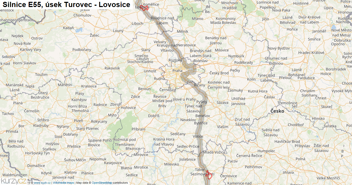 Úsek Turovec - Lovosice, Silnice E55 - Mapa