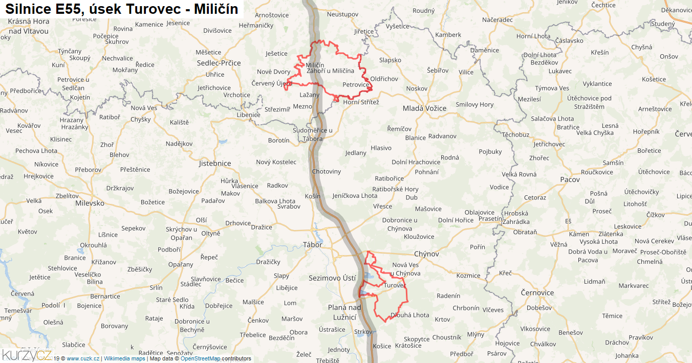 Úsek Turovec - Miličín, Silnice E55 - Mapa
