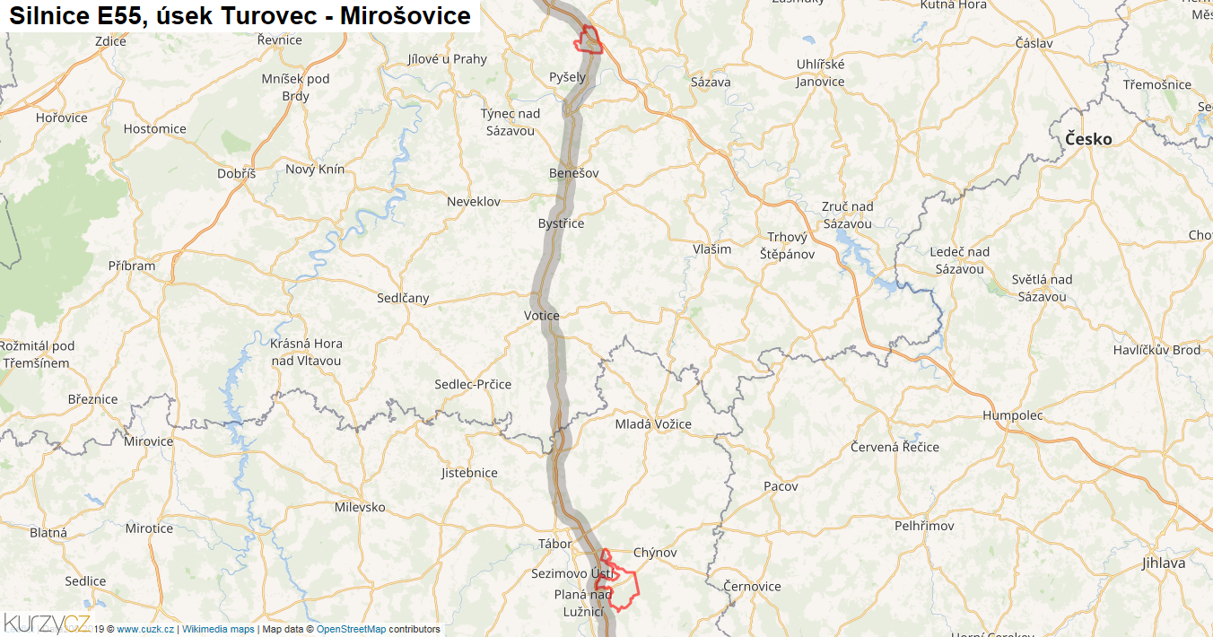 Úsek Turovec - Mirošovice, Silnice E55 - Mapa