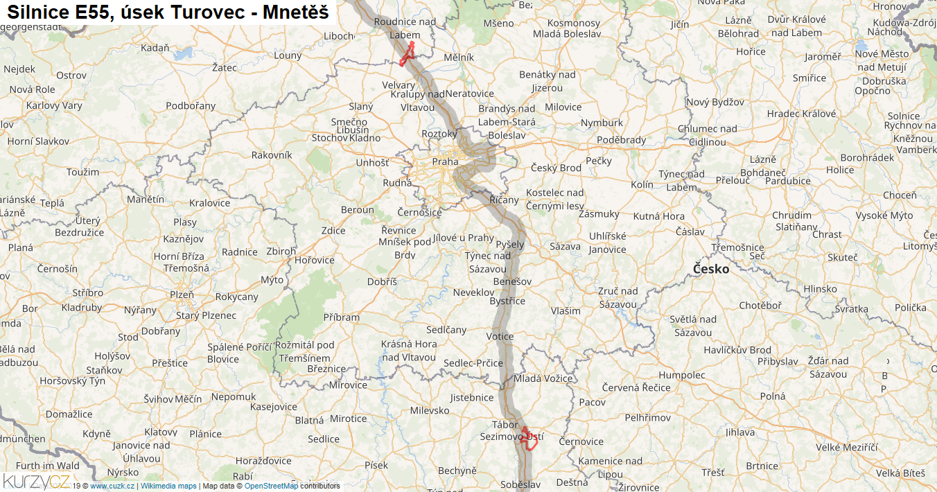 Úsek Turovec - Mnetěš, Silnice E55 - Mapa