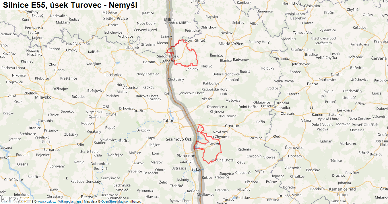 Úsek Turovec - Nemyšl, Silnice E55 - Mapa