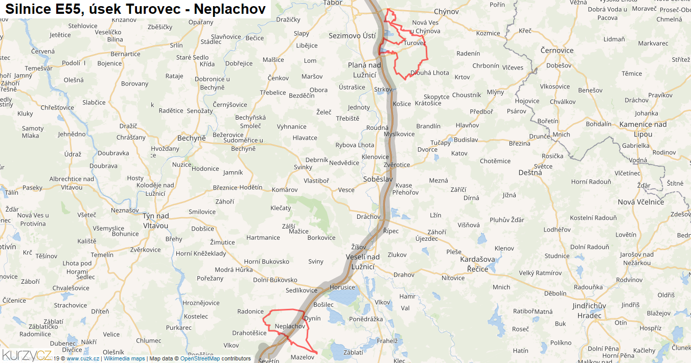 Úsek Turovec - Neplachov, Silnice E55 - Mapa