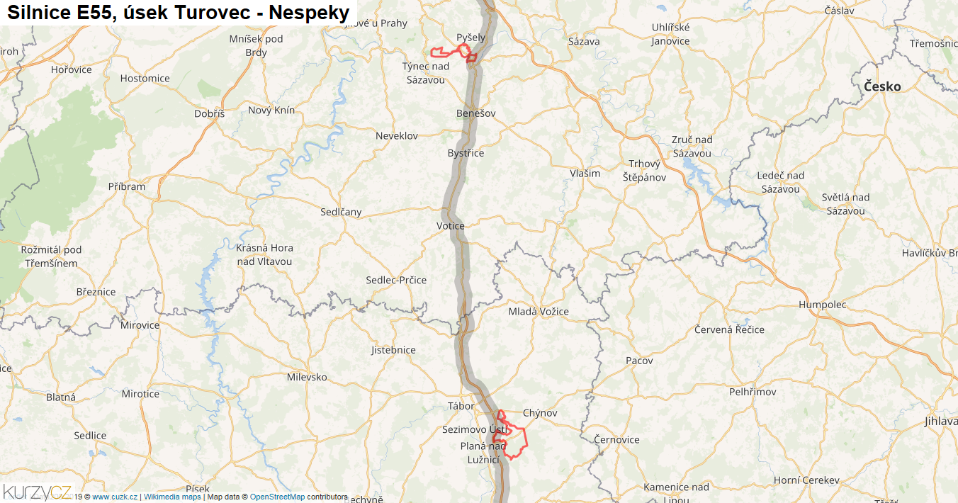 Úsek Turovec - Nespeky, Silnice E55 - Mapa