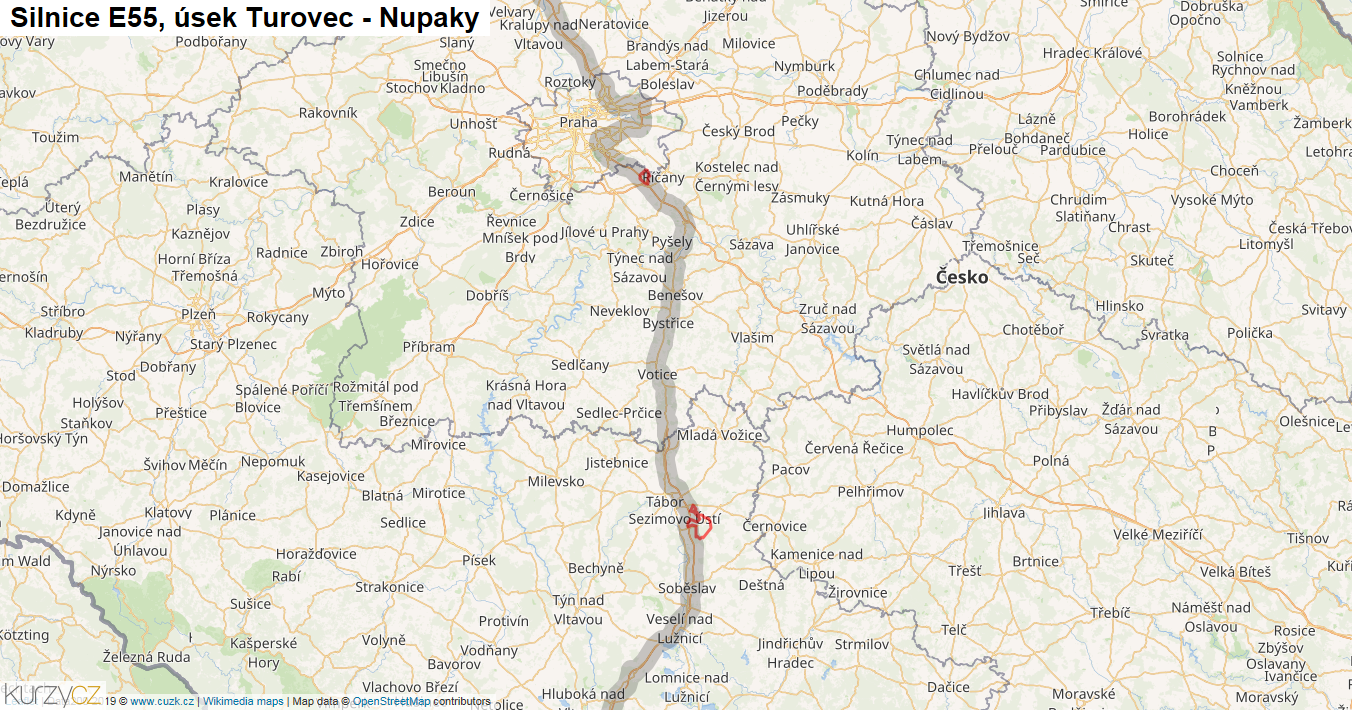 Úsek Turovec - Nupaky, Silnice E55 - Mapa