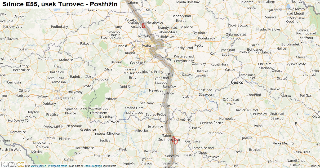 Úsek Turovec - Postřižín, Silnice E55 - Mapa