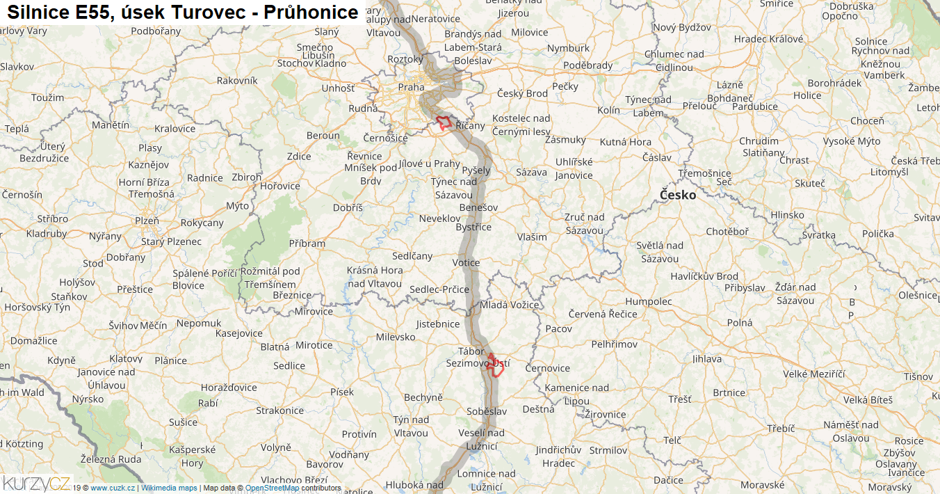 Úsek Turovec - Průhonice, Silnice E55 - Mapa