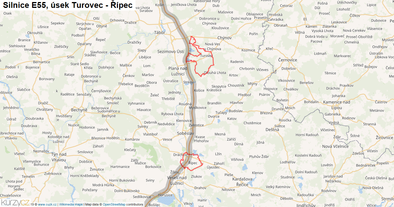 Úsek Turovec - Řípec, Silnice E55 - Mapa