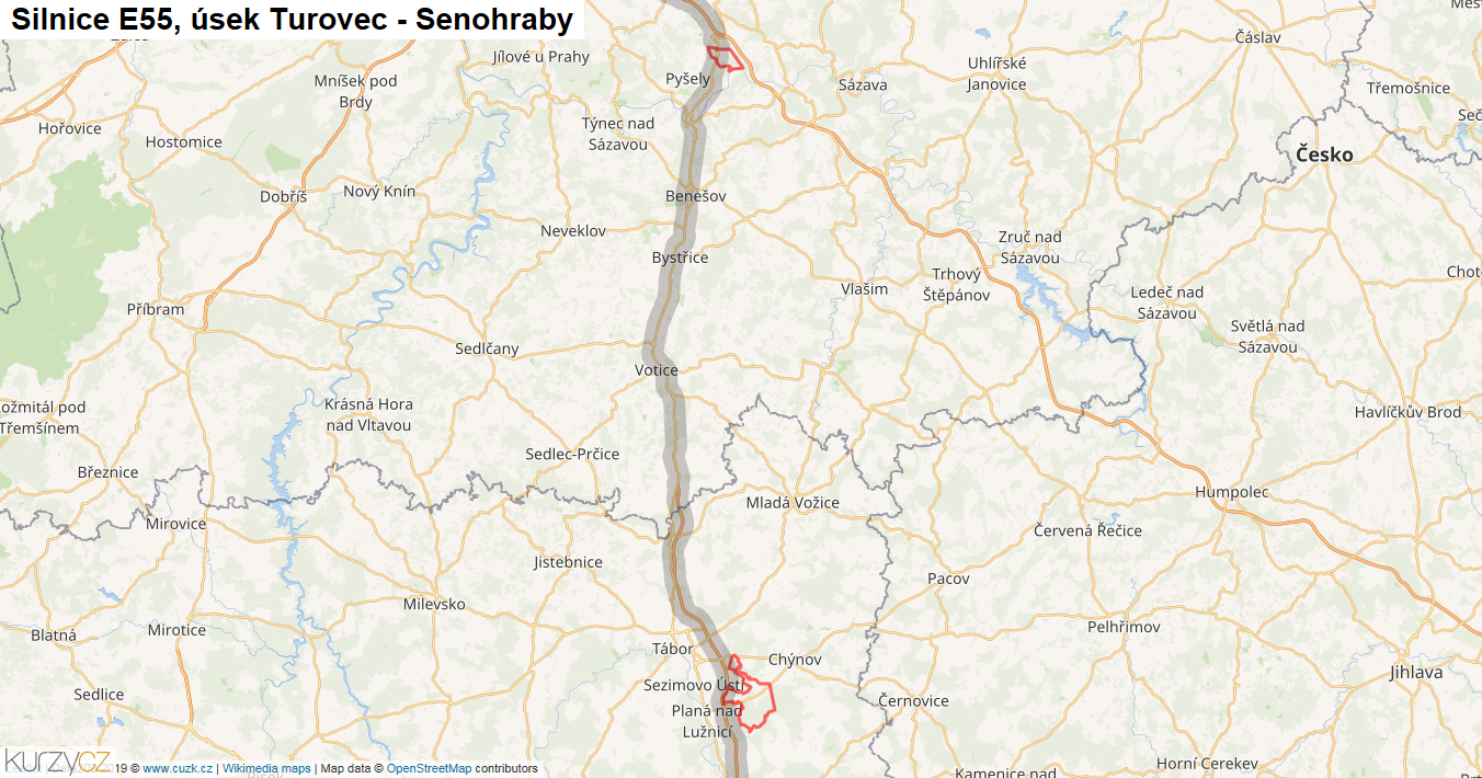 Úsek Turovec - Senohraby, Silnice E55 - Mapa