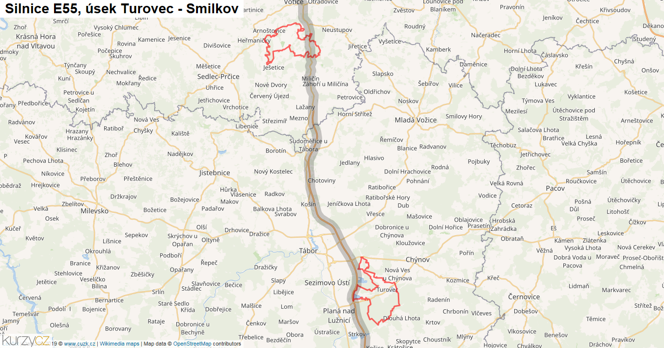 Úsek Turovec - Smilkov, Silnice E55 - Mapa