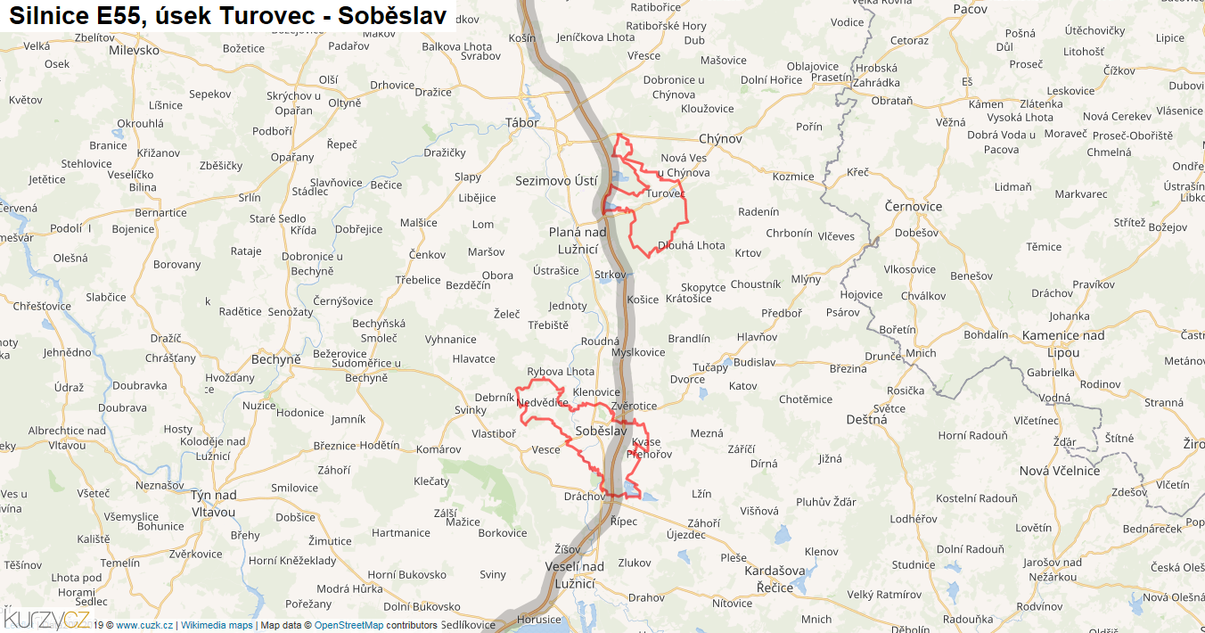 Úsek Turovec - Soběslav, Silnice E55 - Mapa