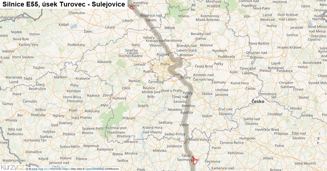 Úsek Turovec - Sulejovice, Silnice E55 - Mapa