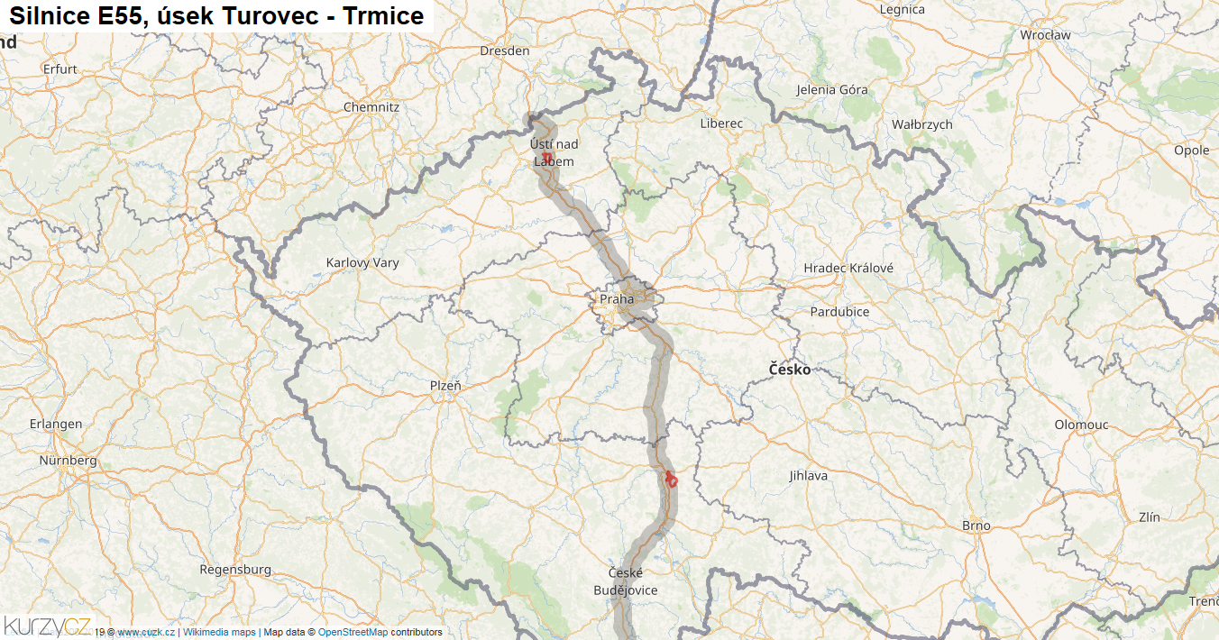 Úsek Turovec - Trmice, Silnice E55 - Mapa