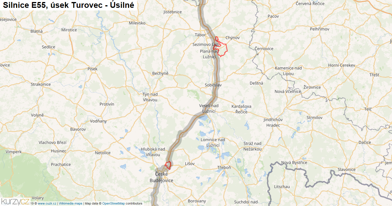 Úsek Turovec - Úsilné, Silnice E55 - Mapa