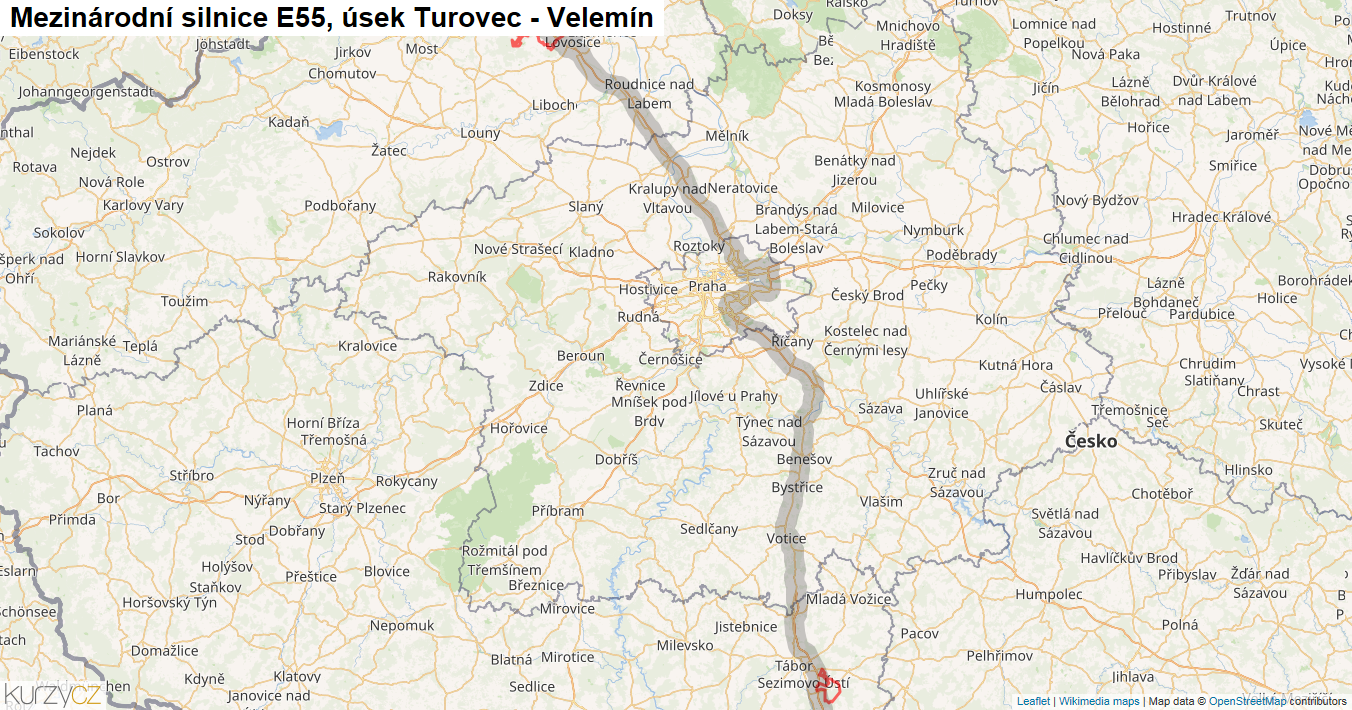 Úsek Turovec - Velemín, Silnice E55 - Mapa