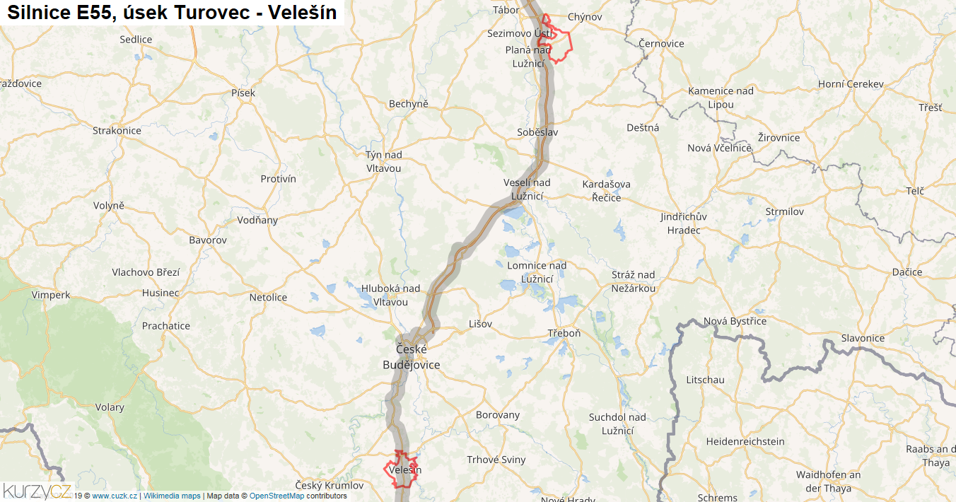Úsek Turovec - Velešín, Silnice E55 - Mapa