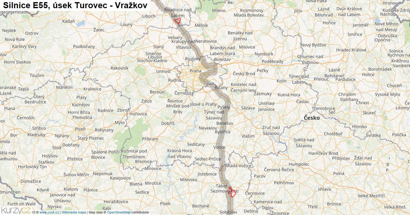 Úsek Turovec - Vražkov, Silnice E55 - Mapa