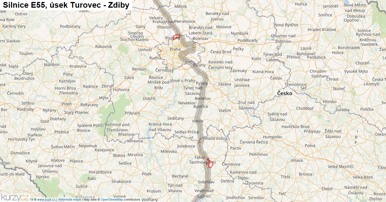 Úsek Turovec - Zdiby, Silnice E55 - Mapa