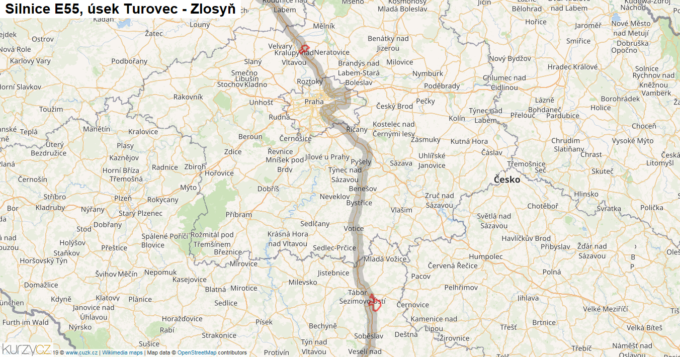 Úsek Turovec - Zlosyň, Silnice E55 - Mapa