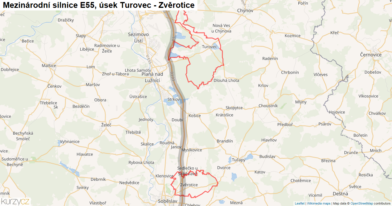 Úsek Turovec - Zvěrotice, Silnice E55 - Mapa
