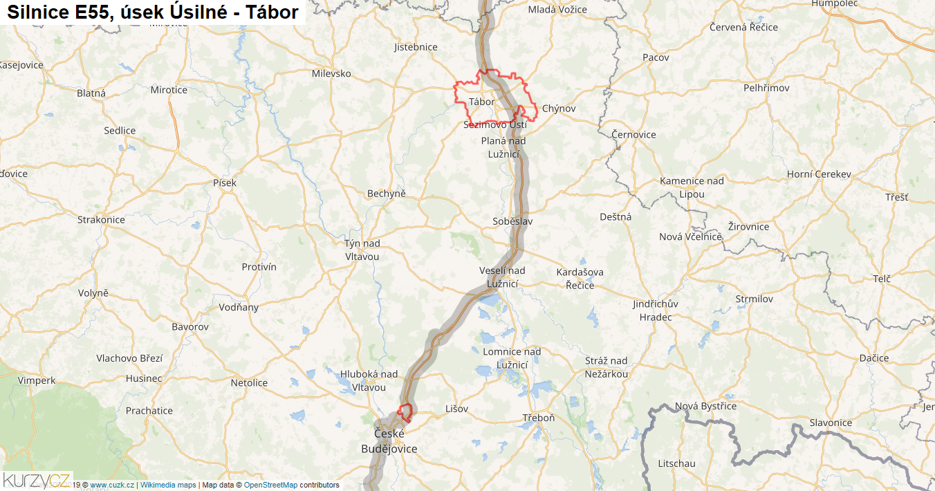 Úsek Úsilné - Tábor, Silnice E55 - Mapa
