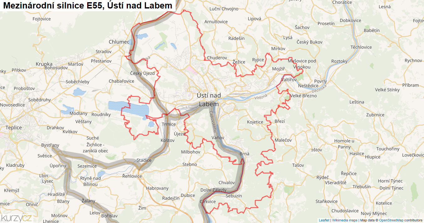 Ústí nad Labem, Silnice E55 - Mapa